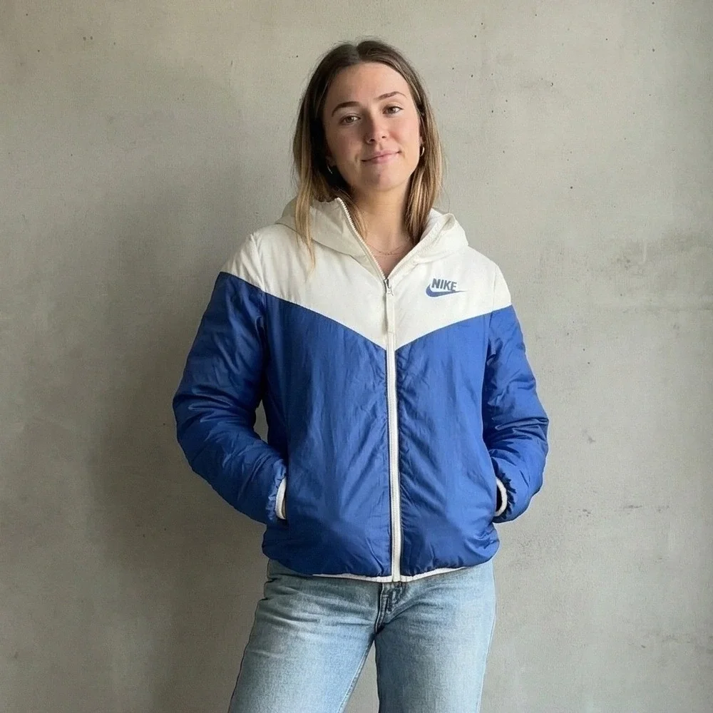 Nike Windrunner Down Fill Hooded Jacket Womens Small White Blue Reversible
